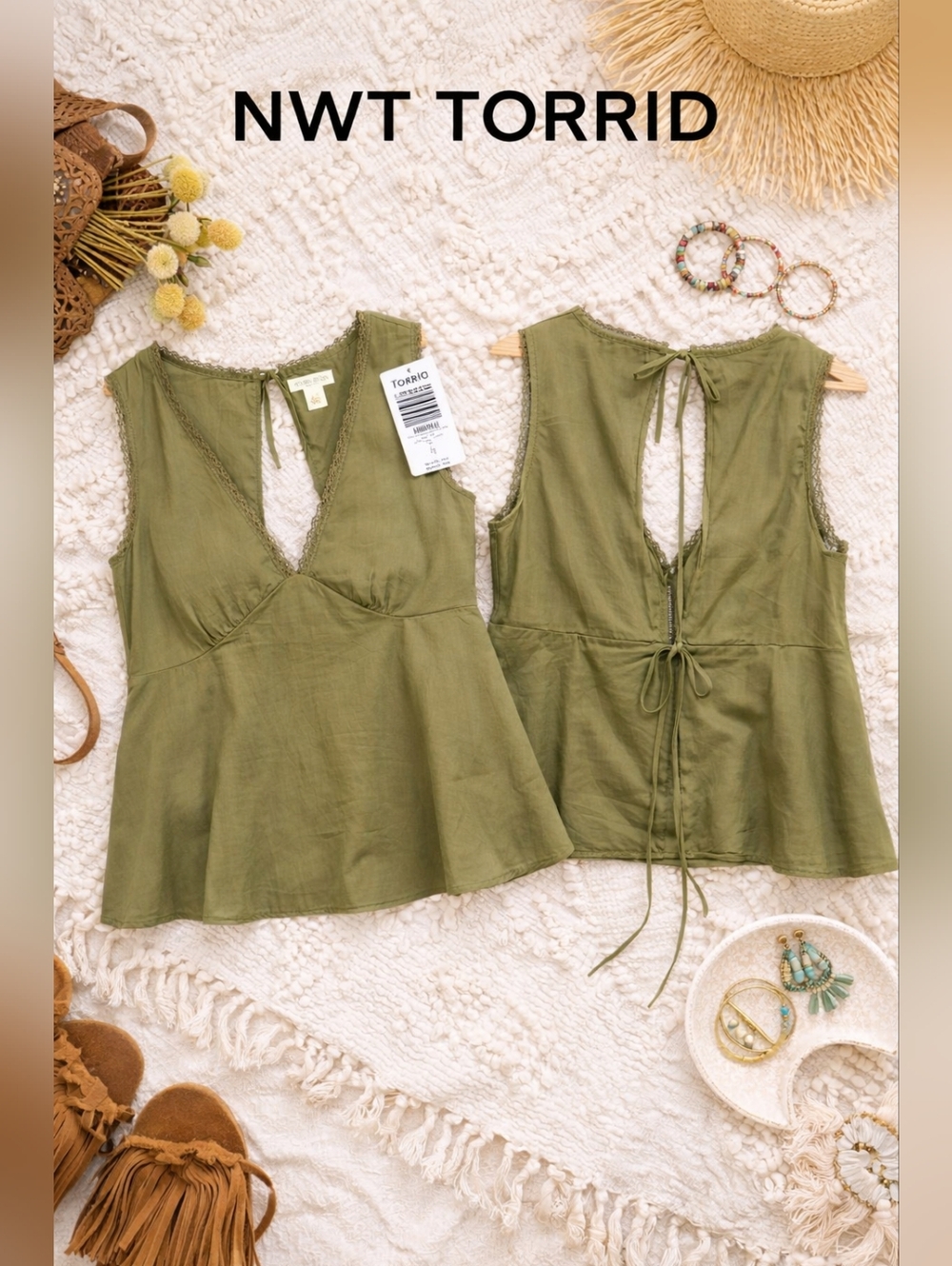NWT Torrid FESTI Olive Green Lace Trim Tie Back Tank Top Size 12 L Boho Cotton